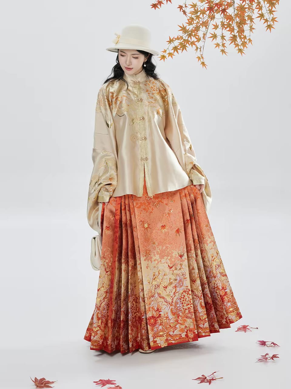 Ming-Style Hanfu Stand-Up Collar Pipa Sleeve Imitation Brocade Woven Gold Mamian Skirt(Pre order 30days)