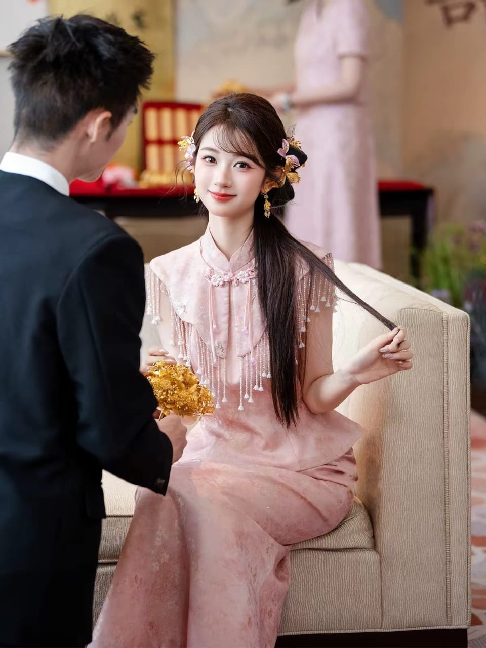 Pink Modern-Traditional Qipao – Engagement Gown