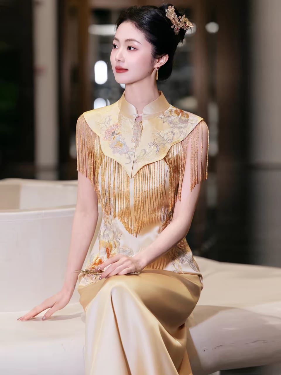 Gold Wedding Reception Qipao for Bride