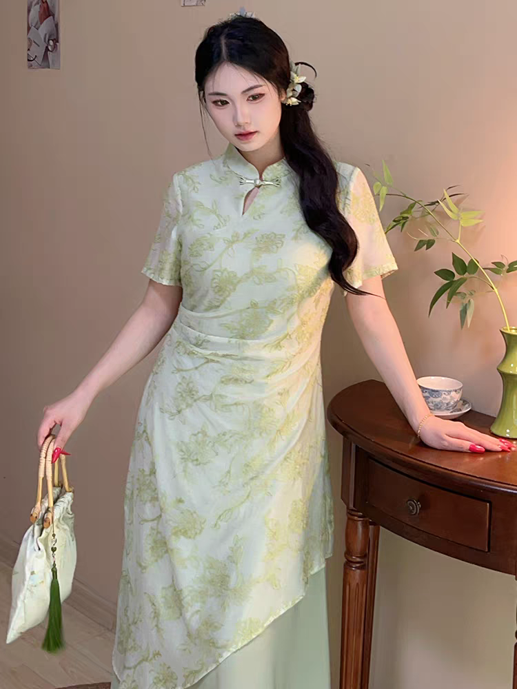 假两件小清新浅绿色新中式旗袍大码胖mm连衣裙女L-5Xl