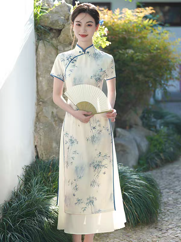 Gaun lengan pendek retro gaya cheongsam yang diubah suai, saiz M-3XL