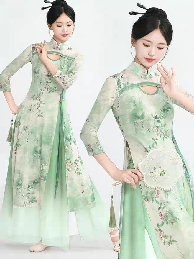 古典舞身韵弹力印花旗袍练功服班服伞舞扇子舞中国风舞蹈演出服饰S-4XL