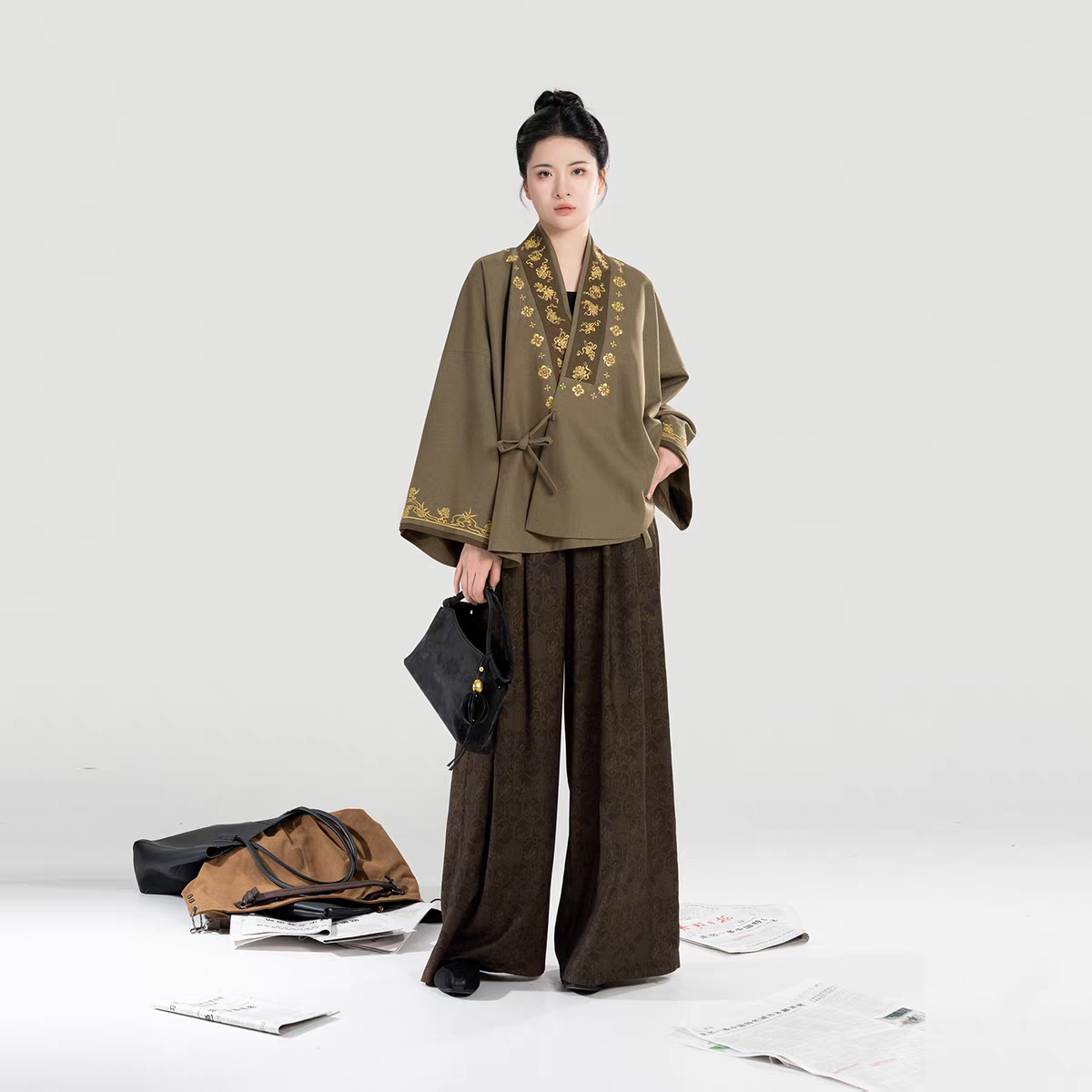 新中式配套八仙龟背绣花交领外套上衣阔腿裤长裤女S-L