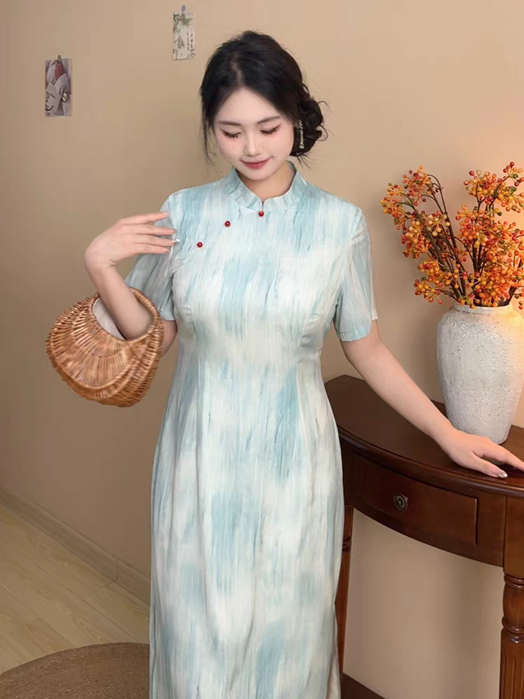 扎染清新渐变蓝色年轻款大码胖mm新中式旗袍连衣裙L-5XL