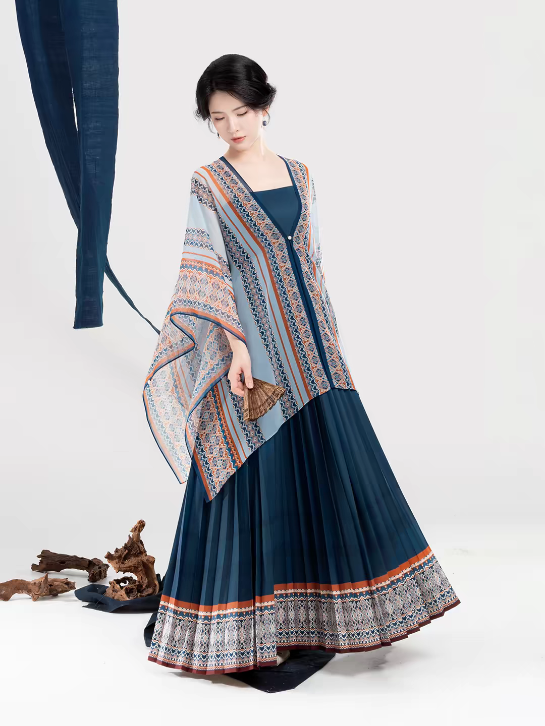 Dong Ethnic Bird Motif Light Blue Cover-Up Dress | Chinese-Inspired Vacation Dress