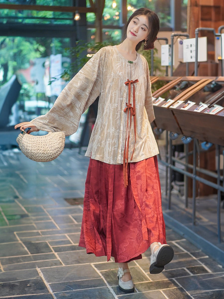 汉服日常圆领对襟弓袋袖马面裙配套 改良汉元素S