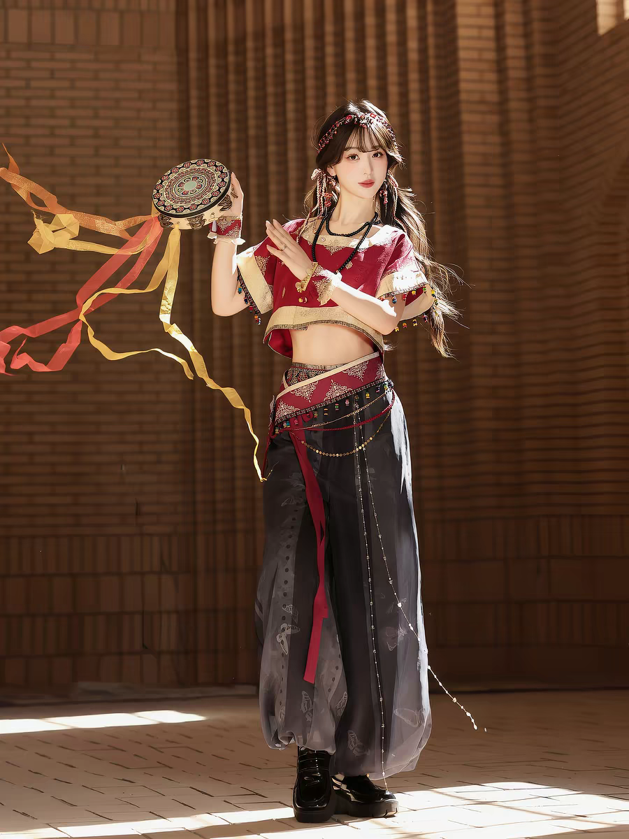 Dunhuang Flying Apsaras Hanfu — Exotic-style Han-element Tang Dynasty-style Lantern Pants & Red Top Set