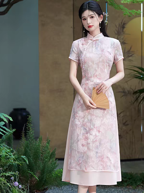 Cheongsam merah jambu M-5XL