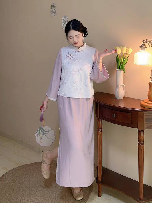 假两件粉色清新大码新中式设计连衣裙L-5XL