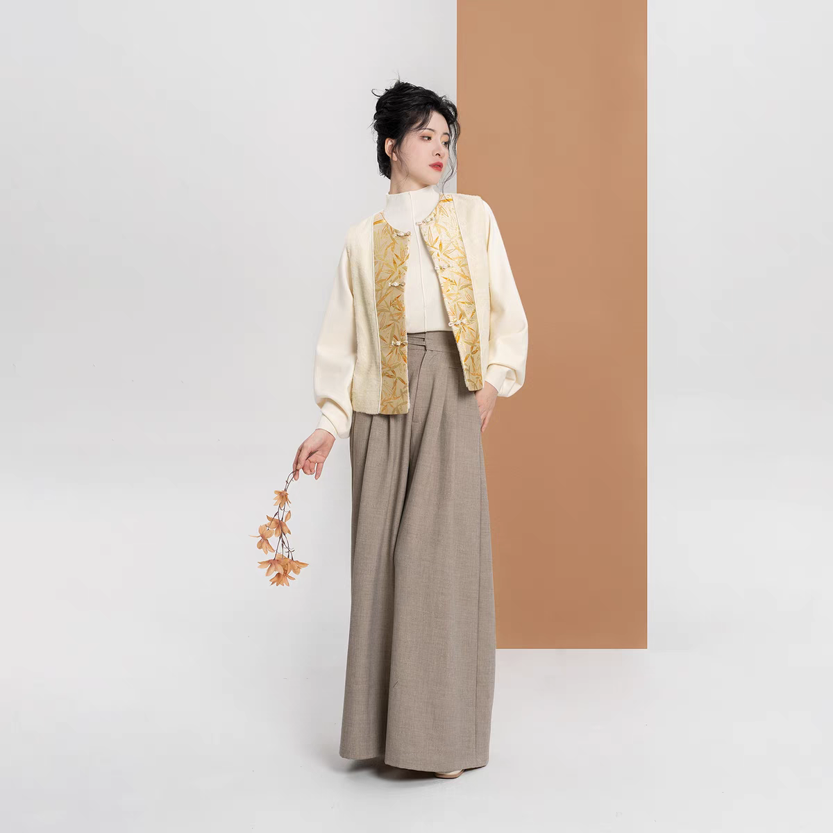 新中式配套国风圆领对襟马甲竹纹妆花上衣西装阔腿裤女S-L