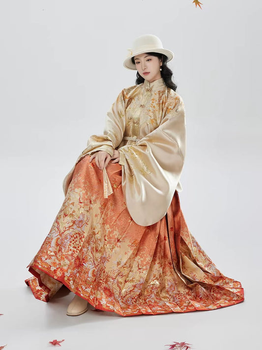 Ming-Style Hanfu Stand-Up Collar Pipa Sleeve Imitation Brocade Woven Gold Mamian Skirt(Pre order 30days)