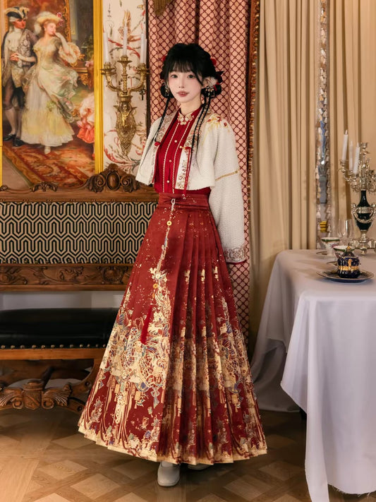 Women's Traditional Chinese Hanfu Wedding Dress Set with Gold-Woven Mamian Skirt