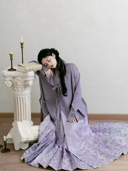 Purple Horse-Face Skirt (Mamianqun) Set with Peacock/Bird Pattern