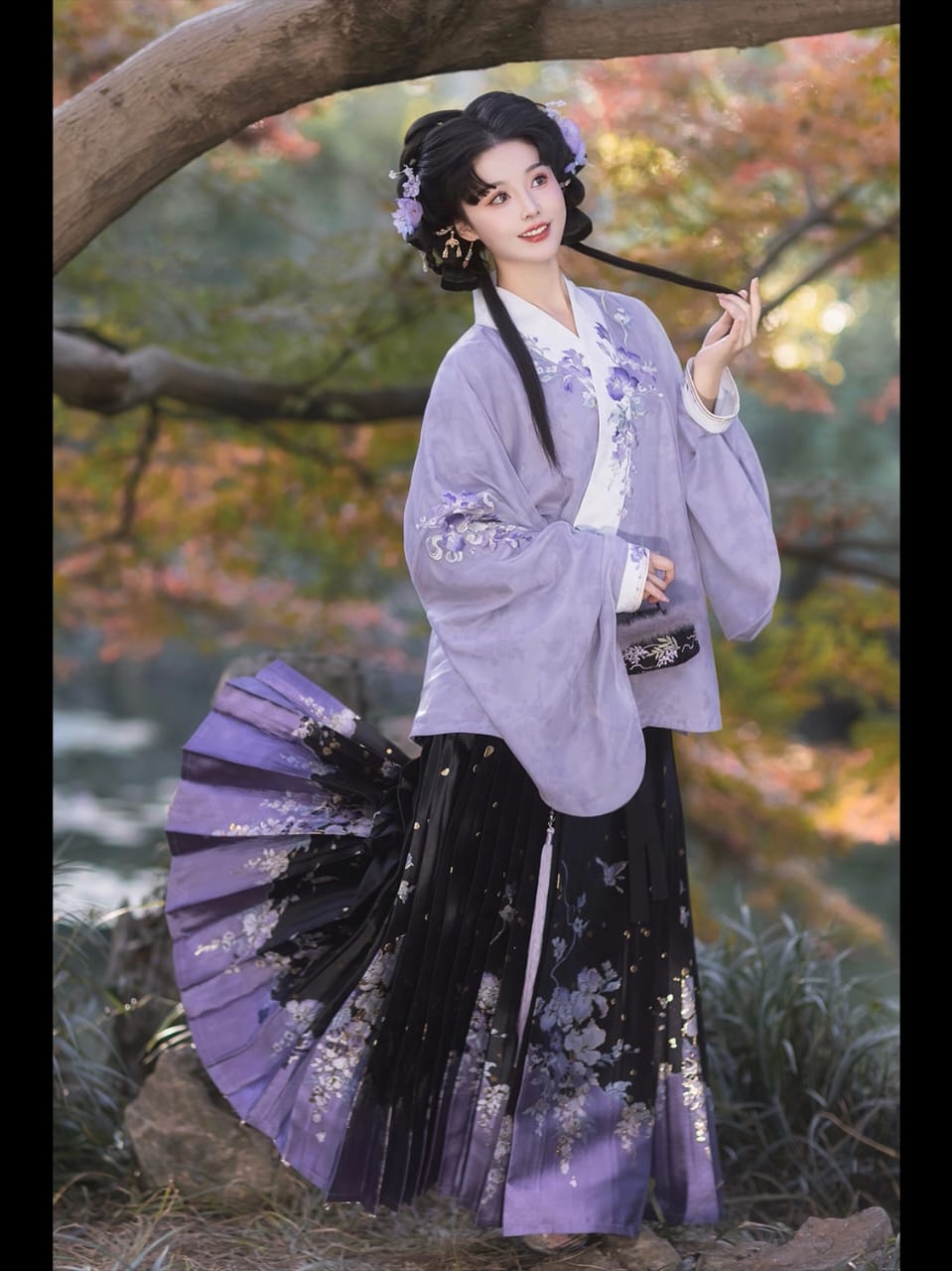 Ming Dynasty Style Hanfu Set – Short Ao (Jacket) with Purple Mamianqun (Horse-Face Skirt)