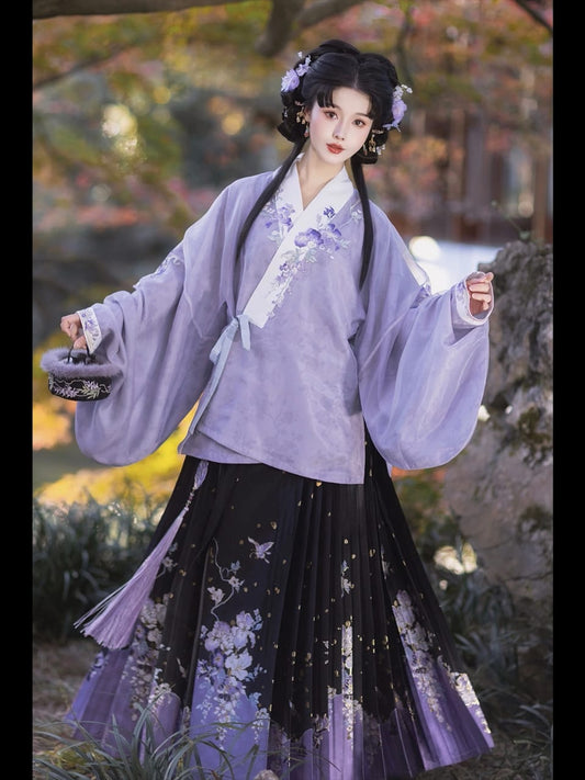Ming Dynasty Style Hanfu Set – Short Ao (Jacket) with Purple Mamianqun (Horse-Face Skirt)