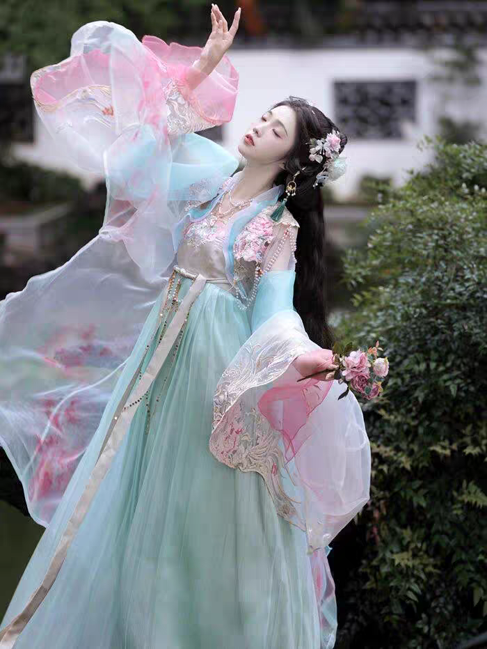 Summer Hanfu Original Heavy Embroidery Fairy‑Style Hezi Skirt & Oversleeves Set