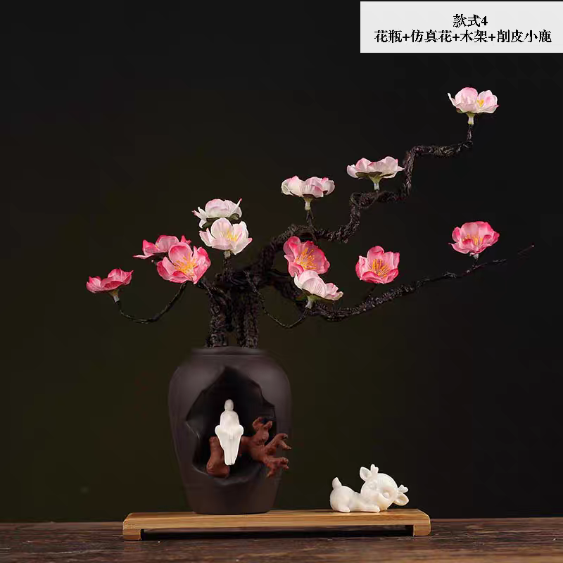 Pasu bunga seramik inspirasi Zen Cina untuk bunga kering, hiasan meja ruang tamu, pasu kecil, hiasan kraftangan.