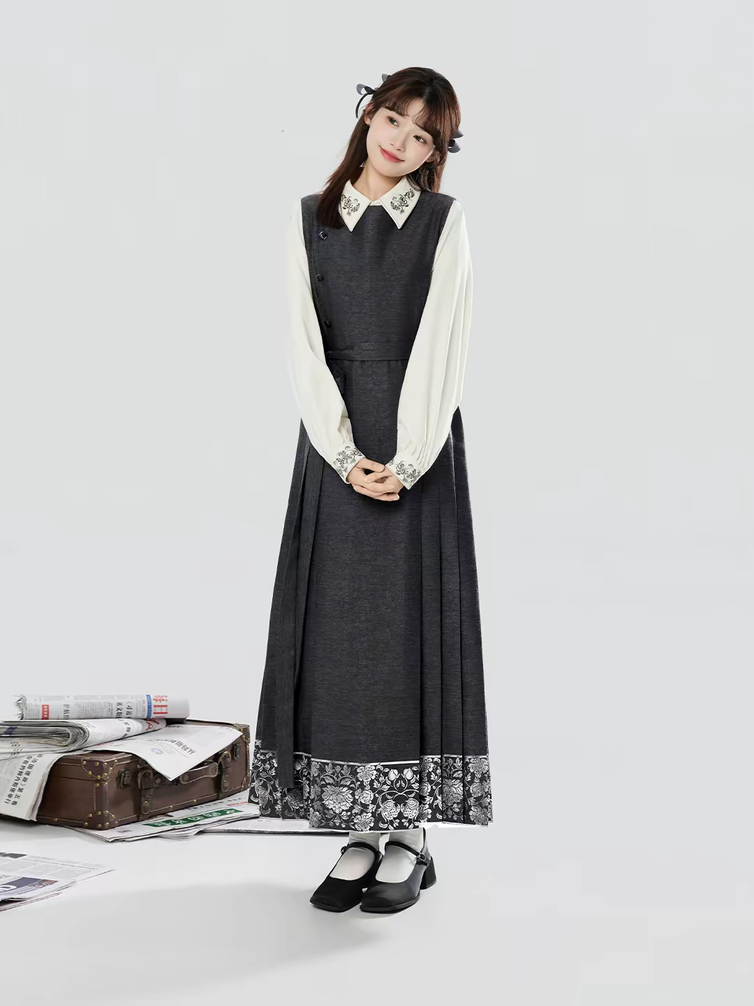Long-Sleeve Mamianqun Dress – Modern Ming-Style Hanfu with Embroidered Mandarin Collar Shirt（pre order 30days）