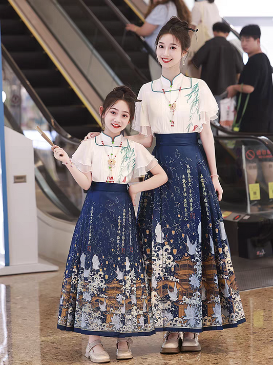 Ancient style mother and daughter outfits, horse-face skirt set