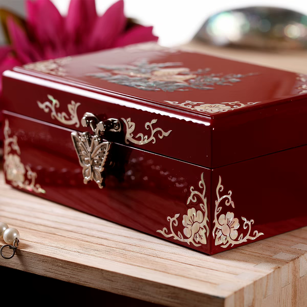 Mother-of-Pearl Inlay Jewelry Box – Handmade Lacquerware, Perfect Wedding Gift for Her