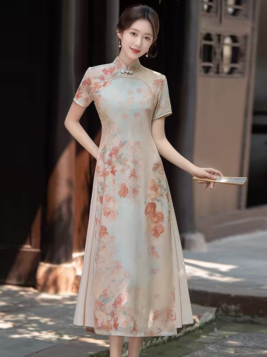 QiPao新中式改良旗袍国风复古短袖连衣裙夏季M-4XL