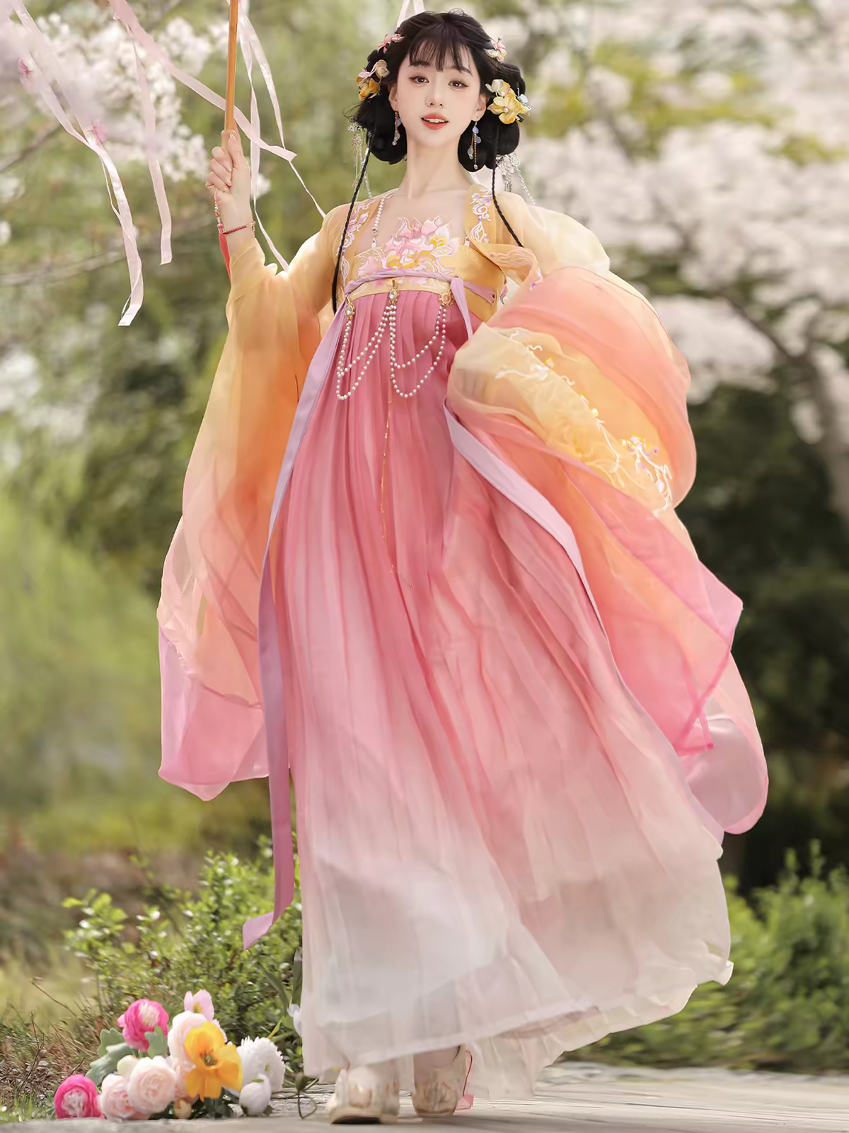 Tang Dynasty Style Chest-High Ruqun & Embroidered Oversleeves Set – Ethereal Fairy-Core for Spring/Summer
