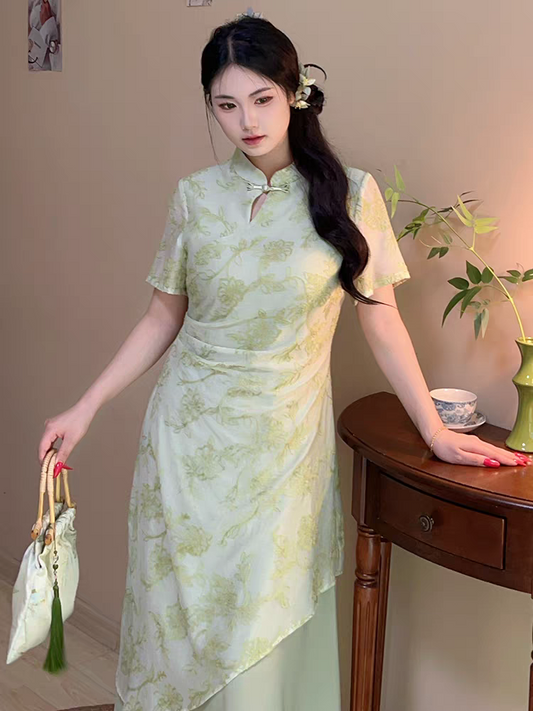 假两件小清新浅绿色新中式旗袍大码胖mm连衣裙女L-5Xl
