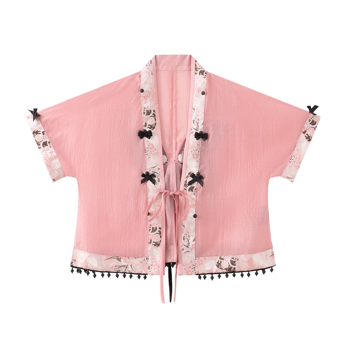 Summer Sweet & Cool Chinese-Style Short-Sleeve Top + Embroidered Cami + Lantern Pants Set