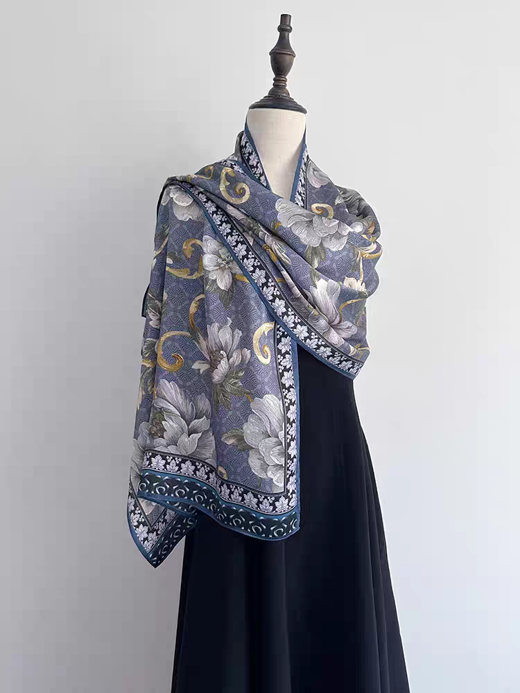 Guofeng Silk Scarf – Traditional Chinese Print Scarf for Hanfu, Qipao & Daily Wear