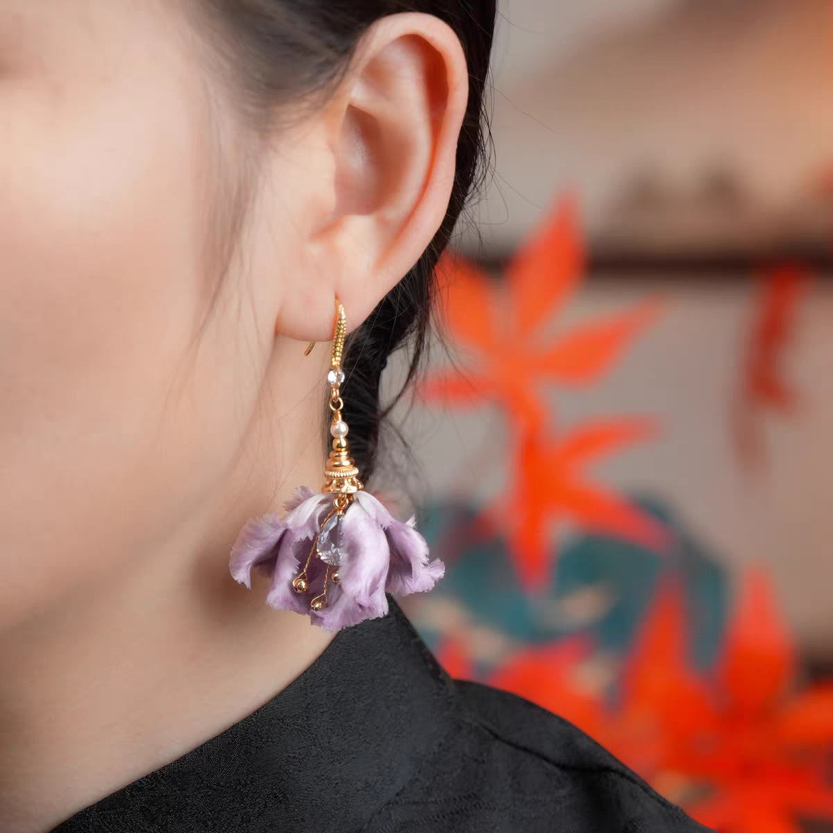Chinese Ronghua Flower Earrings | Traditional Chinese Handmade Floral Earrings | Elegant Cultural Gift