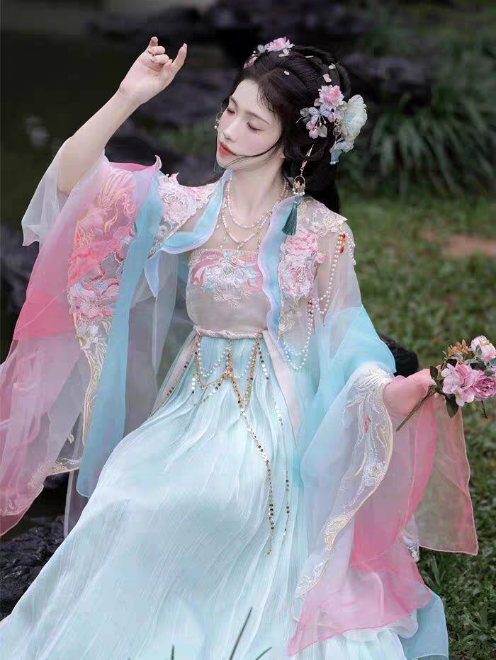 Summer Hanfu Original Heavy Embroidery Fairy‑Style Hezi Skirt & Oversleeves Set