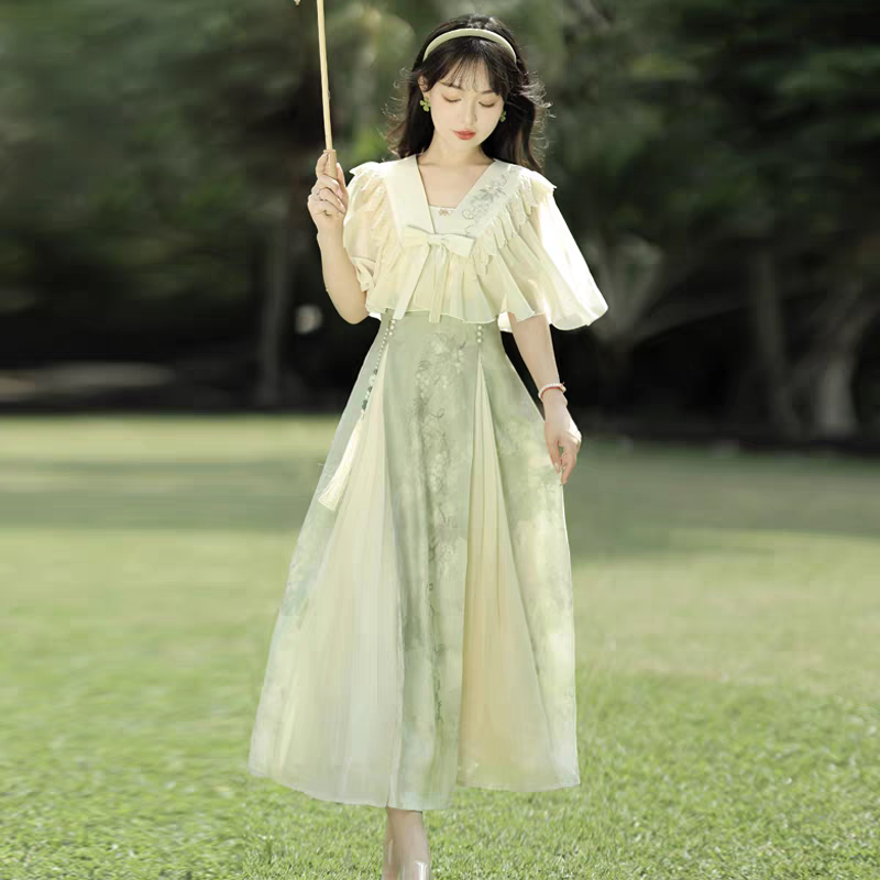 青提诗原创汉元素刺绣蕾丝外披肩绿色提花吊带连衣裙春夏季女套装S-L