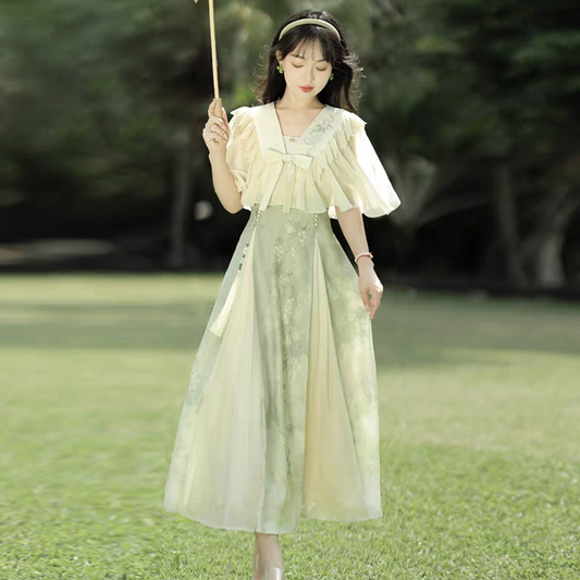 青提诗原创汉元素刺绣蕾丝外披肩绿色提花吊带连衣裙春夏季女套装S-L