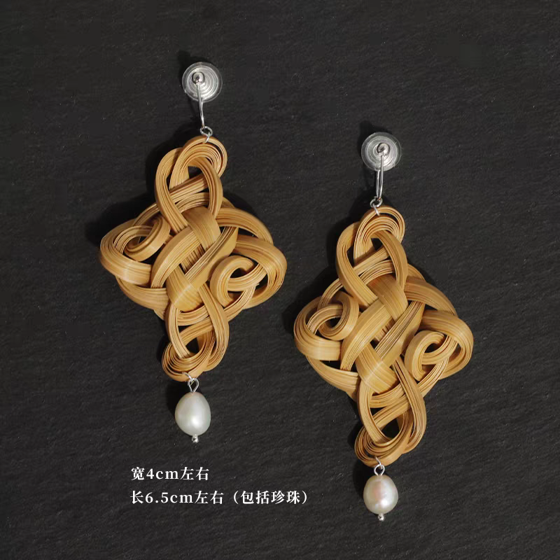 Bamboo Woven Ruyi Knot Pearl Earrings | Chinese Knot Jewelry