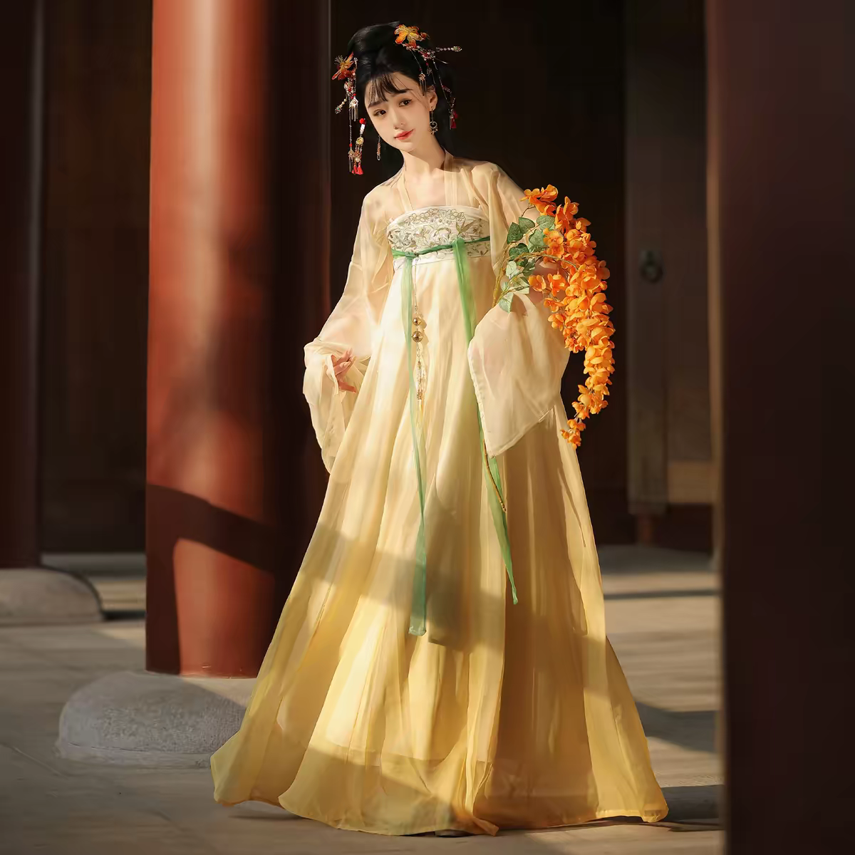 Tang Dynasty Style Chest-High Ruqun, Embroidered Oversleeves & Cloak Set – Ethereal Fairy-Core for Spring/Summer
