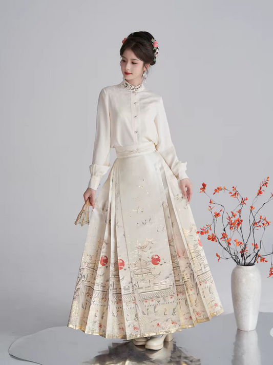 Heavy Embroidery Traditional Hanfu Mamian Skirt – Gold‑Woven Brocade