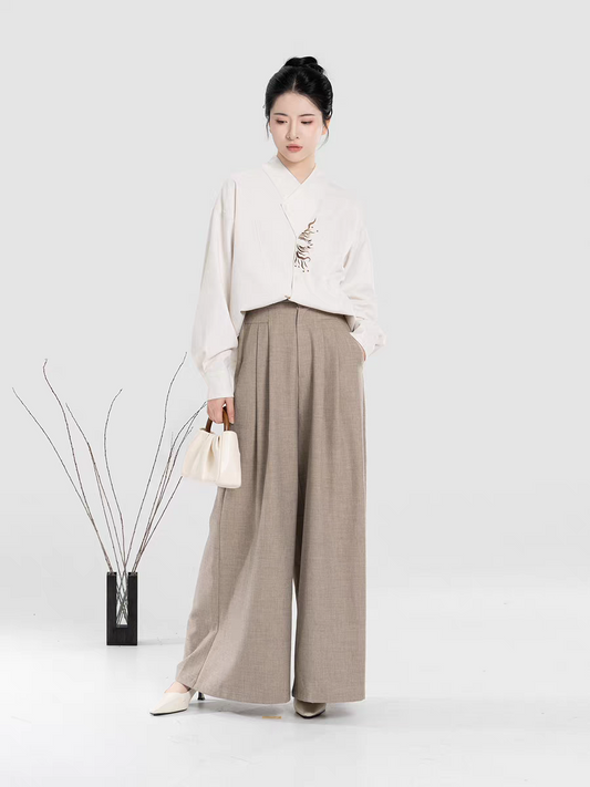 新中式配套太阳纹刺绣衬衫宽松落肩国风衬衣休闲阔腿长裤S-L