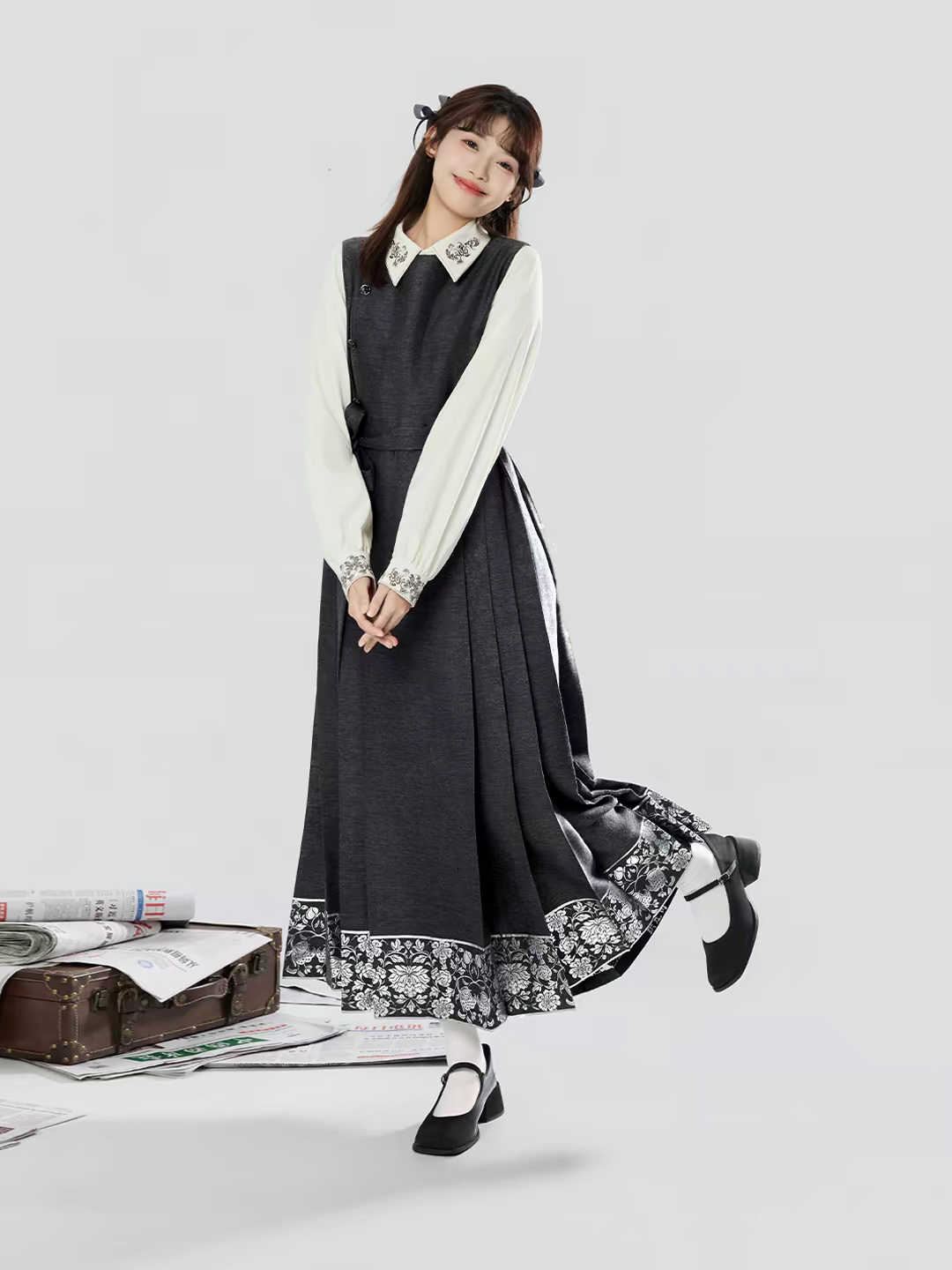 Long-Sleeve Mamianqun Dress – Modern Ming-Style Hanfu with Embroidered Mandarin Collar Shirt（pre order 30days）