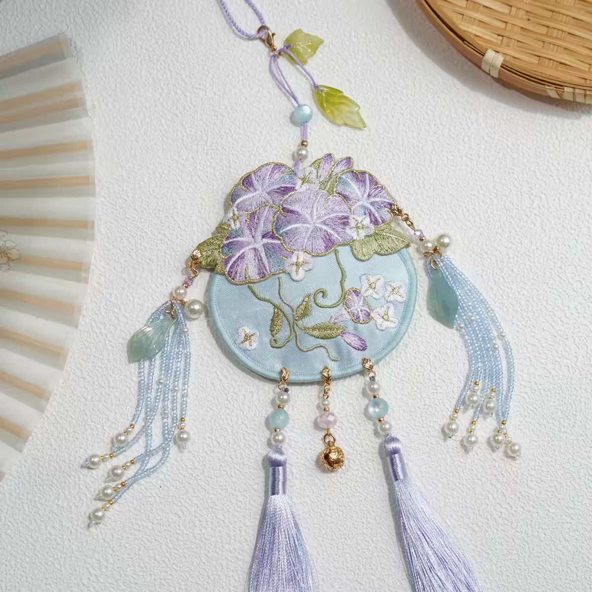 Double-Sided Embroidered Morning Glory Sachet – Traditional Hanfu Waist Ornament (Jinbu)