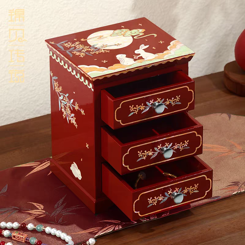 Mother-of-Pearl Inlaid Lacquerware Jade Rabbit Jewelry Box