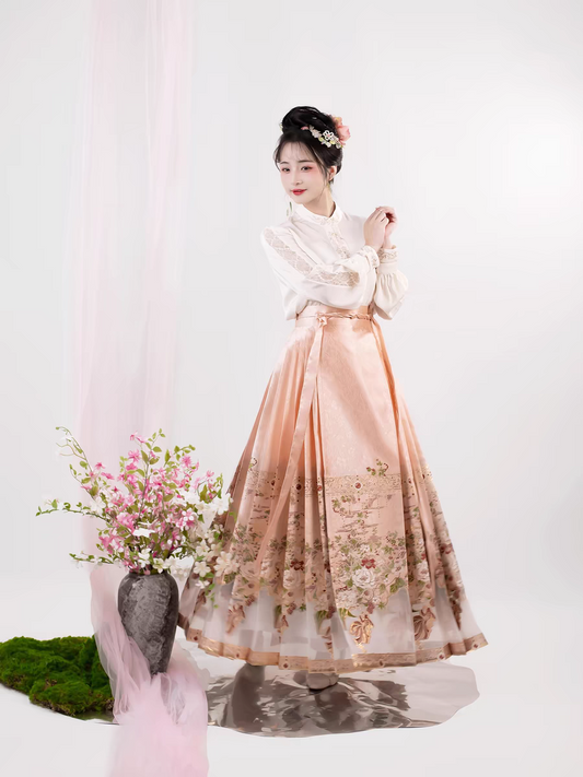 Heavy Embroidery Traditional Hanfu Mamian Skirt – Gold‑Woven Brocade(single skirt)