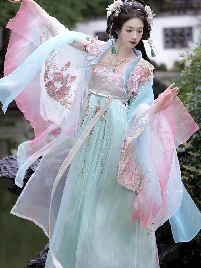 Summer Hanfu Original Heavy Embroidery Fairy‑Style Hezi Skirt & Oversleeves Set