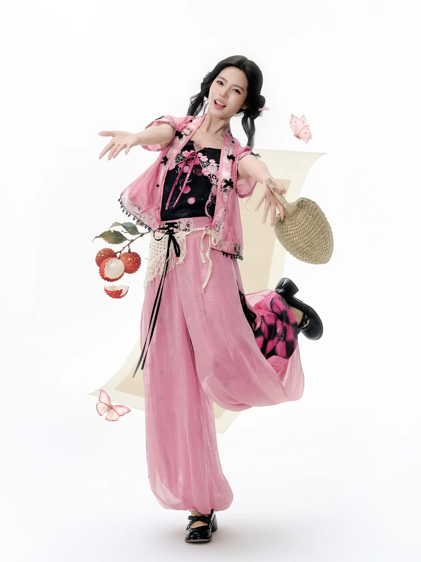 Summer Sweet & Cool Chinese-Style Short-Sleeve Top + Embroidered Cami + Lantern Pants Set