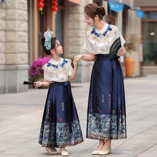 Mother and daughter matching horse-face skirts