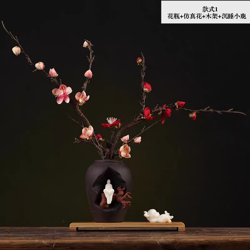 Pasu bunga seramik inspirasi Zen Cina untuk bunga kering, hiasan meja ruang tamu, pasu kecil, hiasan kraftangan.