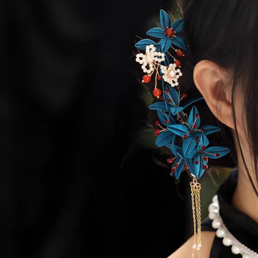 Blue Chinese Bridal Hair Clip | Silk Flower Butterfly Hair Accessory for Xiuhe & Qipao