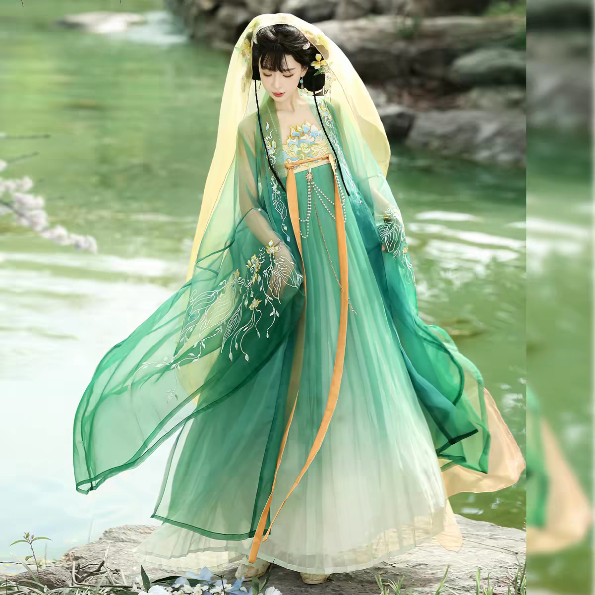 Tang Dynasty Style Chest-High Ruqun & Embroidered Oversleeves Set – Ethereal Fairy-Core for Spring/Summer