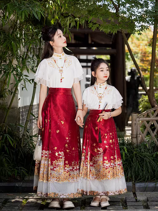 Chinese style full set of mother and daughter outfits with horse-face skirt