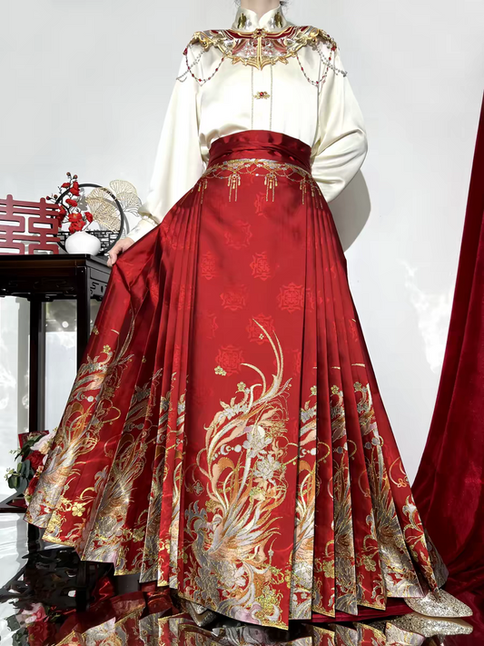 Traditional Chinese Hanfu Wedding Attire with a Stand Collar, Yunjian (Cloud Collar), and Mamian Skirt