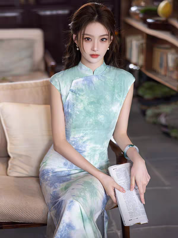 Qipao国风新中式长款改良旗袍少女复古修身日常夏季S-3XL
